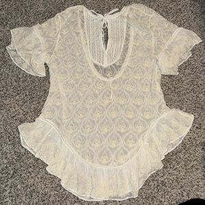 Anthropologie Cream Lace Ruffle Blouse